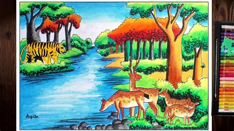 how to draw a forest with animals|How To Draw Forest Scenery with Animals .